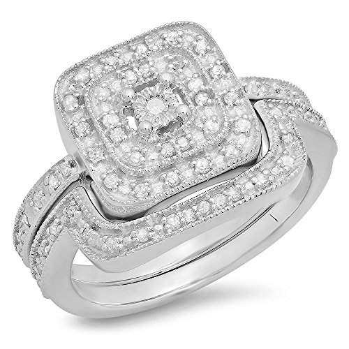 Dazzlingrock Collection 0.30 Carat (ctw) Round White Diamond Ladies Bridal Halo Style Engagement Ring Set 1/3 CT, Sterling Silver