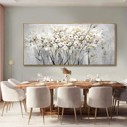 Image of VAYIMDH White and Gold Canvas Wall Art Flower Photo Prints Vintage Wood Wall Decor 40 inchx86 inch Kitchen Artwork Pictures for Bedroom