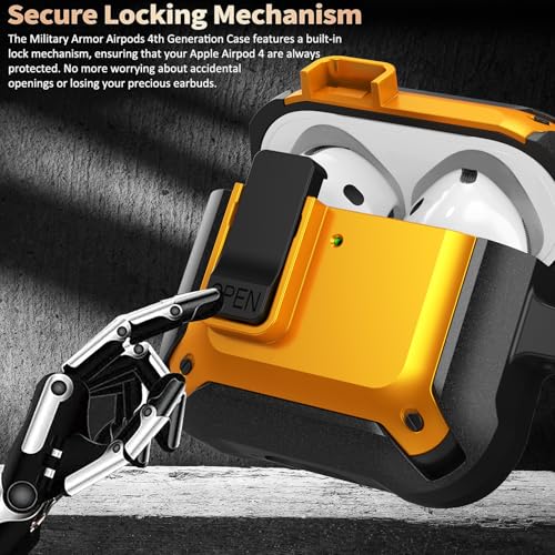 Image of Olytop for Airpods 4 Case with Lock Clip, Rugged Apple Airpods 4th Generation Cover 2024 Men Women, Armor Shockproof iPod 4 Gen Protective Hard Shell with Carabiner&Cleaner kit,Black /Yellow