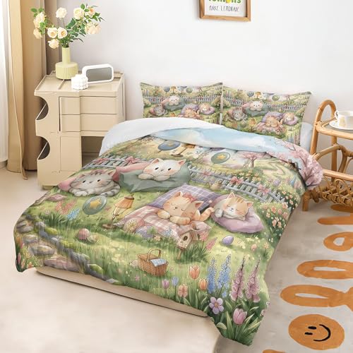 Image of AILONEN Cute Cat Comforter Set Twin Size 3 Pieces Kawaii Kittens Garden Bedding for Girls Kids Cartoon Animal Quilt Pink Flower Green Grass Meadow Duvet Alternative Soft Microfiber Sleeping Covers