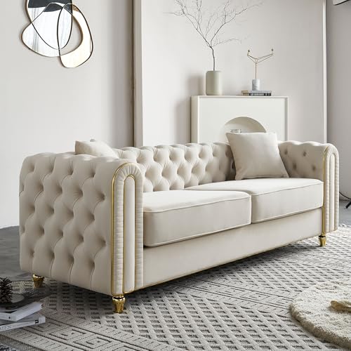 Image of KEIKI 86 inch Chesterfield Velvet Button Tufted Sofa with High Density Foam Cushions and 2 Toss Pillows, Modern Style 3-Seater Couch with Gold Strip Trim Decoration, Easy Assembly, for Living Room, Beige
