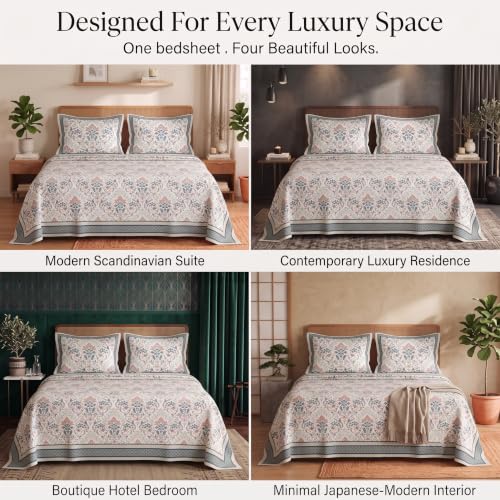 Image of BSB HOME 240 TC Cotton Feel Double Bedsheet with 2 Pillow Covers, Premium Soft Breathable Bed Sheet Set, Fade Resistant, All-Season, Easy Care, 90 x 100 Inches (228 x 254 cm) - Slate Blue & Ivroy