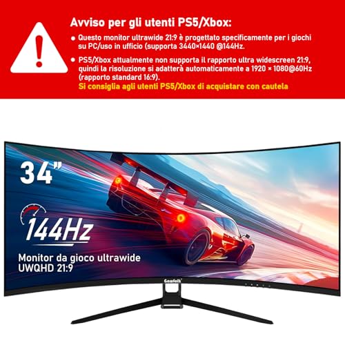 Gawfolk Monitor Ultrawide Da 34 Pollici 1500R Curvo 144Hz Monitor Per Computer Da Gioco, 21:9 UWQHD (3440x1440),Adaptive Sync,HDR,Angolo di visione 178°,HDMI、Display Port,VESA75×75MM - Nero - Immagine 1