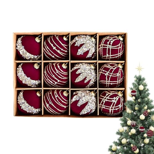 Bolas de terciopelo para adornos de Navidad, 12 piezas, adornos expresivos de diamantes de imitación flocados con purpurina, juego de decoración detallado para árbol festivo, encantadoras bolas de