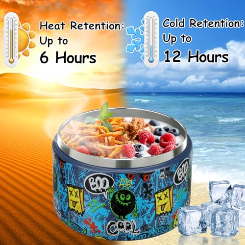 Image of Pawtong 12oz Insulated Vacuum Food Jar with Buckle Lid Wide Mouth Soup Thermo for Hot Food Kids Leakproof Stainless Steel Lunch Container (Blue-Monster)