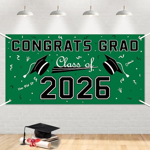 Image of 2026 Graduation Decorations - Green Polyester Graduation Backdrop - Graduation Party Decorations - Congrats Grad Banner - Graduation Decorations Class of 2026 2027,Graduation Party Favors Supplies Yard Sign