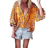 Women's Ladies Summer V-Neck Button 3/4 Ruffle Cap Sleeve Floral Printed Loose Casual Tops Shirts T-Shirt Blouse (Yellow, XXL)