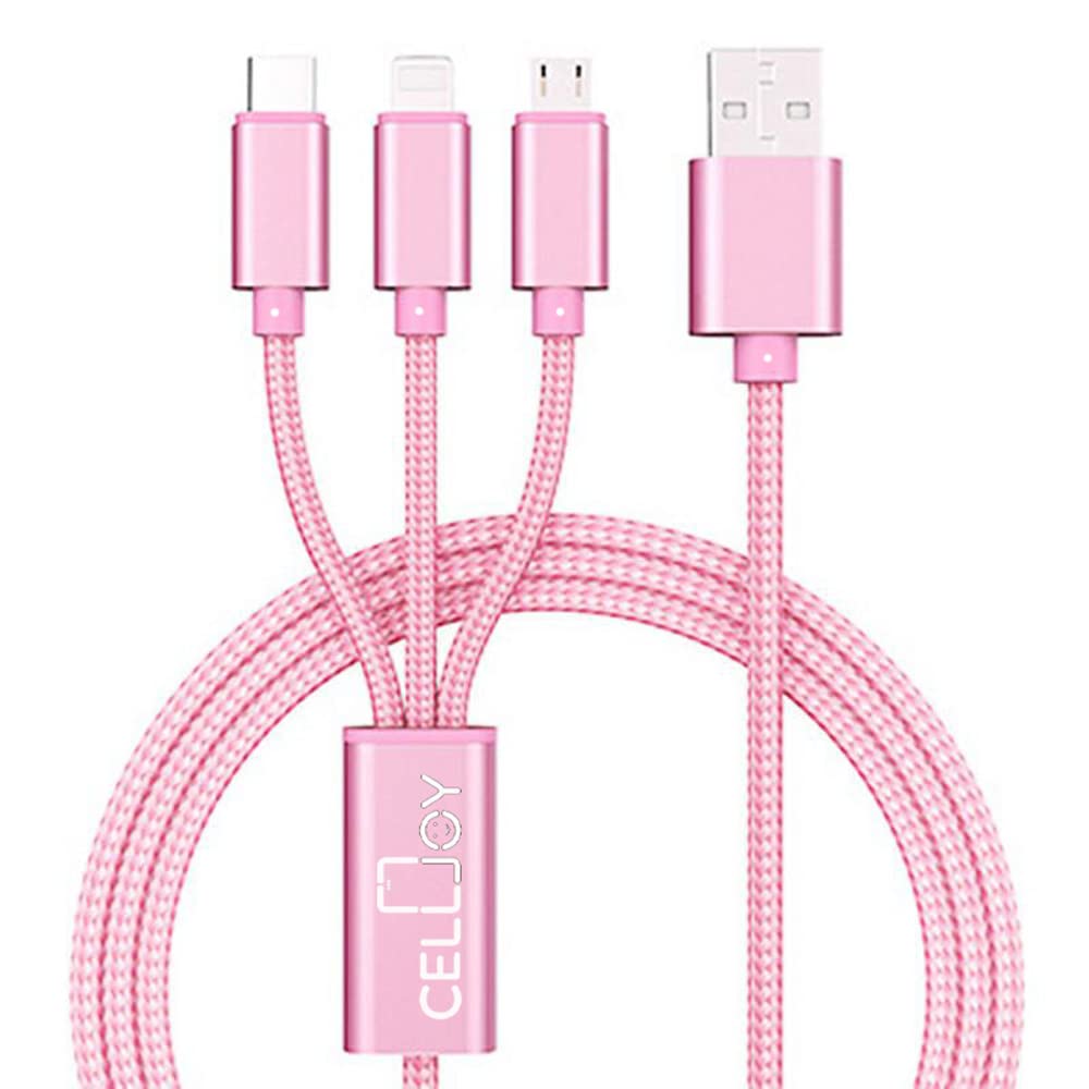 Multi Charger Cable, 3 in 1 Charger Cable [1.2M] Multiple USB Cable Nylon Braided with Micro USB Type C iProduct Cable Connector for iProduct, Android Galaxy, Huawei, Nokia,LG, MP3 SmartWatch (Pink)