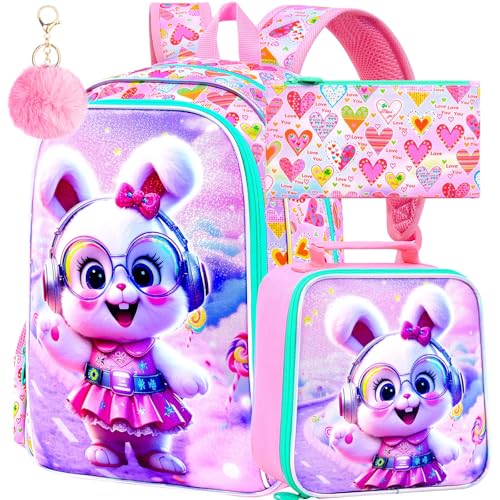 Image of CCJPX 16 inch Bunny Backpack for Girls, 3Pcs Kids Bookbag with Lunch Box, Water Resistant Elementary School Bag for Kindergarten Preschool Toddler (Pink)