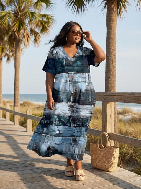 Image of SUZONANA Plus Size Denim Print Maxi Dresses for Women Casual V Neck Short Sleeve with Pockets Soft Jean Look Dress XL-6XL
