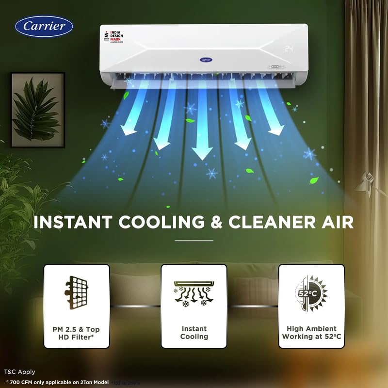 Image of Carrier XCEL LUMO Fxi 1 Ton 3 Star Split Inverter AC | FlexiCool 6-in-1 Cooling | High Ambient Cooling up to 52C | Smart Energy Display | X-LED Dynamic Display | CRF Filter Alert