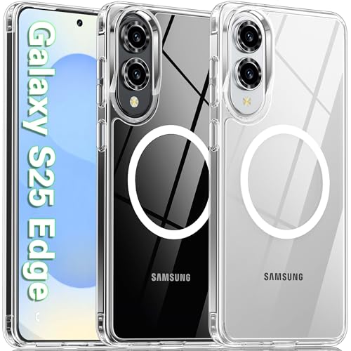 Image of Oterkin Magnetic for Samsung Galaxy S25 Edge Case Clear, S25 Edge Phone Case Compatible with MagSafe, Anti-Yellowing Shockproof Slim Case with Built-in 4 Airbags Military Grade Protection (Clear)