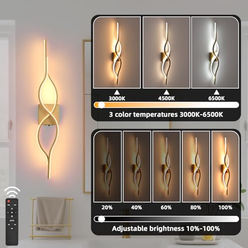 Image of Battery Operated Wall Sconces Set of 2, Gold 31.4'' LED Dimmable Wall Sconce with Remote Control, Adjustable Color Temperature Brightness for Living Room Bedroom and Hallway USB Rechargeable Lighting
