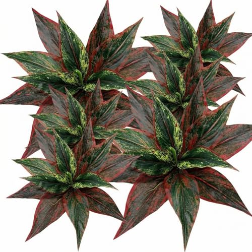 Rivvlive 6 Pack Artificial Hostas for Outdoors Fake Greenery Plants Tropical Bushes Faux Greenery UV Resistant for Porch Patio Balcony Garden Planter or Indoor Decor(Red-Green)