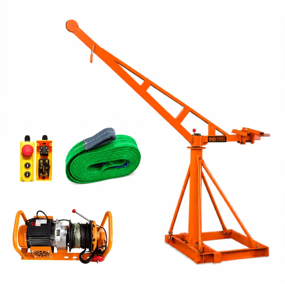 IND Mini Crane 500 kg Complete Lifting Kit | 53-55 kg 360° Rotating Frame + 3 HP Electric Winch (8 mm x 40 Meter) + Pendant Remote + 2 Ton x 2 Meter Web Sling | Construction Lifting Machine-picture-47