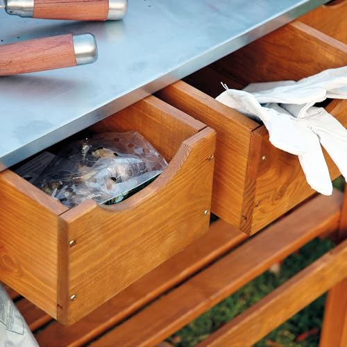 dobar® 29030e Pflanztisch mit 3 Schubladen | Gärtnertisch mit Ablageboden | Umtopftisch Kiefernholz | Blumentisch Massivholz | Gartentisch Outdoor | Verzinkte Arbeitsplatte | 80 x 40 x 90 cm | Braun