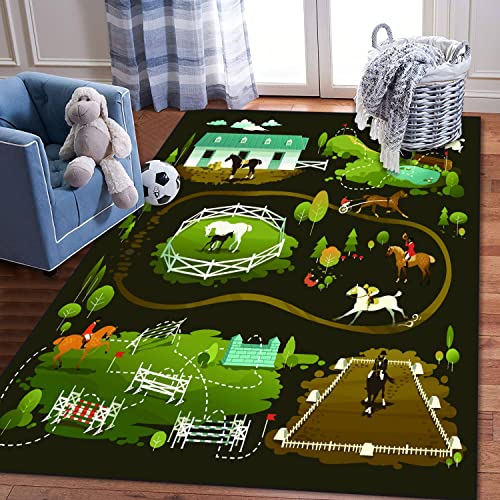 ZCVJPZHZMS Kids Play Area Rugs Equestrian Illustrations of Horse Life Farming Racing Dressage 3D Carpet Extra Large Rug Kids' Bedroom Playroom Nursery Décor for Boys Girls, Learning & Playing 5x8 ft