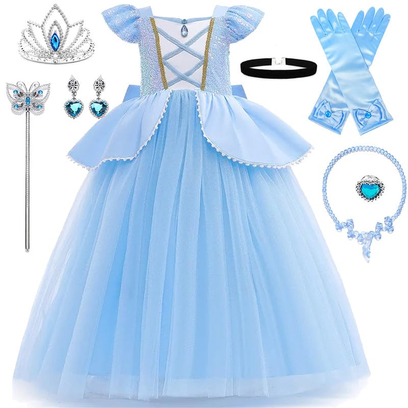 XFOZDM - Disfarce de princesa de cinderela para meninas, vestido de cinderela com coroa de princesa, colar para Halloween, carnaval, festa, aniversário, Natal, cosplay, vestido, S01-100 cm