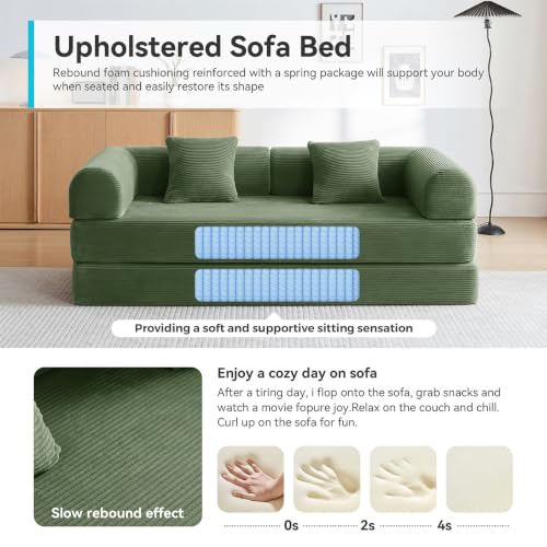 Image of Convertible Floor Sofa Bed with Fixed-Shape Frame, King Size Floor Sleeper 5-in-1 DIY Combination Modular Sofa, Modular Chenille Folding Mattress Couch for Living Room Bedroom Playroom (Green)
