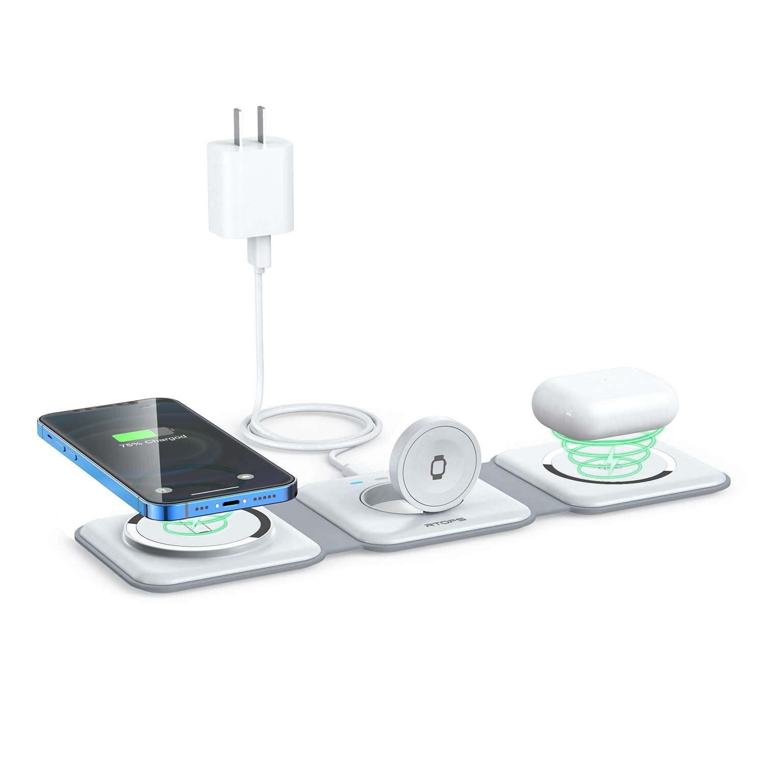 RTOPS - Caricabatterie wireless 3 in 1, stazione di ricarica magnetica da viaggio wireless, stazione di ricarica GaN 3 in 1, compatibile con iPhone 16/15/14/13/Pro/Max, iWatch, AirPods4/3/2/Pro