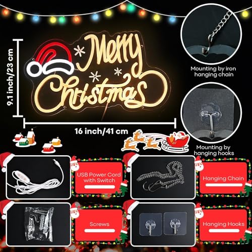 Image of Neon Sign with Santa Hat, 16x9 In Xmas Led Neon Sign USB Powered Merry Christmas Neon Light Up Sign for Home Wall Decor Kids New Year Party Backdrop