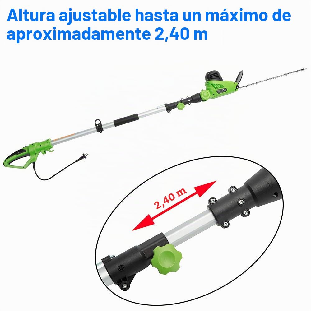 BAKAJI Cortasetos telescópico eléctrico con Varilla Extensible, tamaño setos Hoja 41 cm con inclinación, Hoja Ajustable, Mantenimiento del jardín, cortabordes (460 W hasta 240 cm)
