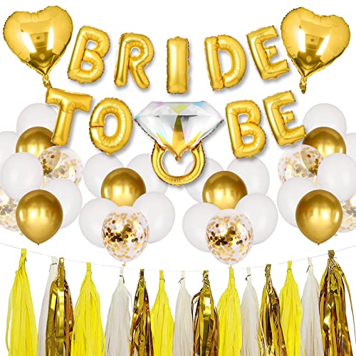 BLOOMWIN Décoration EVJF, Kit de Ballon Bride to Be Décoration Enterrement de Vie de Jeune Fille Doré, Future Mariée Ballons Or Confettis Coeur Bague Franges Fête Soirée Douche Nuptiale Mariage Cover