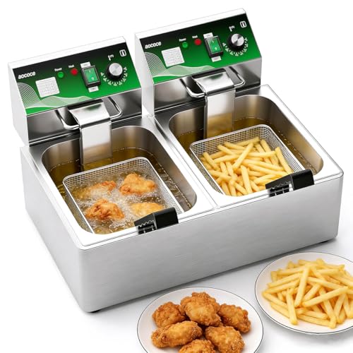 10L+10L (10.57QT+10.57QT) Dual Electric Fryer with 2 Baskets - 3400W Stainless Steel, One-Touch Switch & Temp Control, Commercial Countertop Frye
