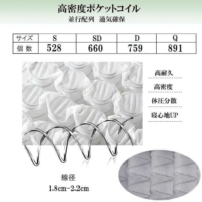 マットレスシングル ポケットコイル 厚さ21cm トップ やや硬め竹炭