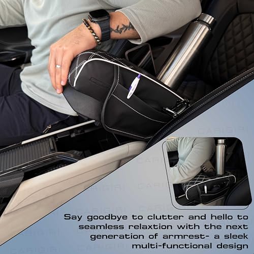 Image of Carigiri Nappa Leatherette,Foam ComfiRest Pro Car Armrest Cushion with Cup Holder| Arm Cushion| Universal for All Cars|Armrest with Mobile Holder (White,Utility Pockets,Dual Cup Holder,Mobile Holder)