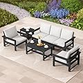 SERWALL HDPE Outdoor Patio Furniture Set, 7-Piece Outdoor Sectional Patio Conversation Set, All Weather Outdoor Couch Set Patio Sofa Set for Deck, Lawn, Black Frame with Khaki Cushion