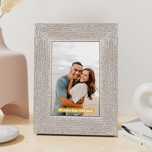 Image of Art Street Table and Wall Photo Frame Textured Picture Frames Picture Frame, Silver Metal Look for 4x6 Photos Tabletop Photos for Home Decor, Wood Photo Frames for Wall and Table Decoration 10x15 cm