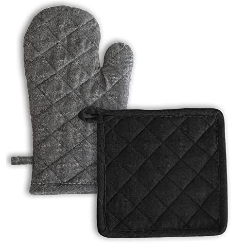 Image of 1 Oven Mitts and 1 Pot Holders Set-Cotton Heat Resistant Pot Stand and Kitchen Gloves-Heat Proof-Free Size-Combo Set (Black and Grey Mix)