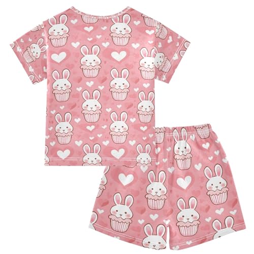 ALAZA Cute Rabbit Cupcake Heart Pajamas Set Short Sleeve Cotton Sleepwear Summer Pjs 2 Piece 5-14Y2