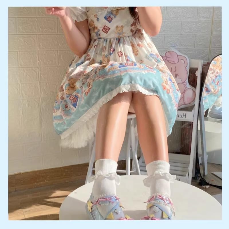 ZQW Women's Kawaii Lolita Mary Jane Shoes Bow Star Round Toe Flat Lace Trim Sweet Cute Ankle Strap for Cosplay Daily Wear Party Dressy Shoes4