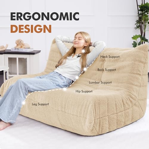 Image of Bean Bag Loveseat Chair Big Sofa Beanbag Chair for Adults Fireside Chair Bean Bag Lounger with Memory Foam Filled for Home,Apartment or Gaming Venue(Khaki Teddy)