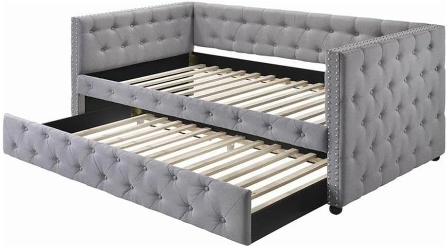 Pemberly Row Upholstered Twin Daybed with Trundle, Tufted Gray Fabric, Black Legs, Nickel Nailhead Trim, 85.75" W x 43" D x 33.75" H, Slat Kit Included, Elegant Guest Room or Lounge Seating