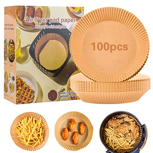 Backpapier Airfryer, Luftfritteuse Pergamentpapier, QIAMO Antihaft-Einweg-Luftfritteusen Papier Liner Geeignet für Bratpfanne, Ofen, Mikrowelle Und HeißLuftfritteuse (100 Stück) Cover
