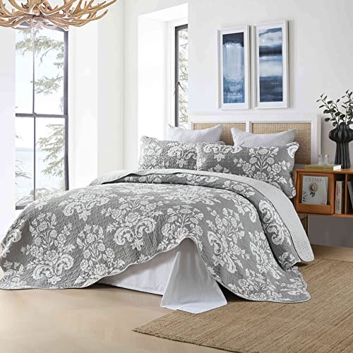 Quilt King Size, Gray King Quilt Set 100% Cotton Bedspreads Lightweight Soft Quilted Reversible Bedding Set Farmhouse Damask Paisley Floral Comforter Coverlet,All Season Grey/Gray White 3-Piece #TOP1