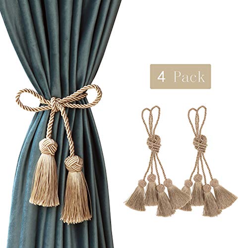 CHICTIE 37.8â€ Long Curtain TiebacksÂ Tassel Rope Handmade Ball Knot Sheers Draperies Lacing Holdbacks with Fringe for Window Door Bath Towel Decorative (Gold, 4)
