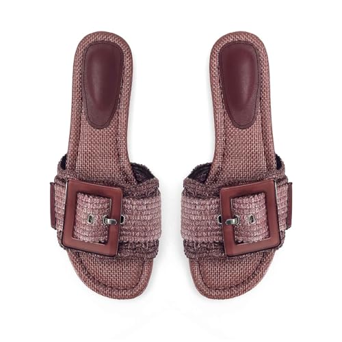 Image of ZJGZF Raffia Sandals for Women Buckle Straw flats Woven Braided Rattan Slides Summer Beach Sandals Comfort Cute Shoes