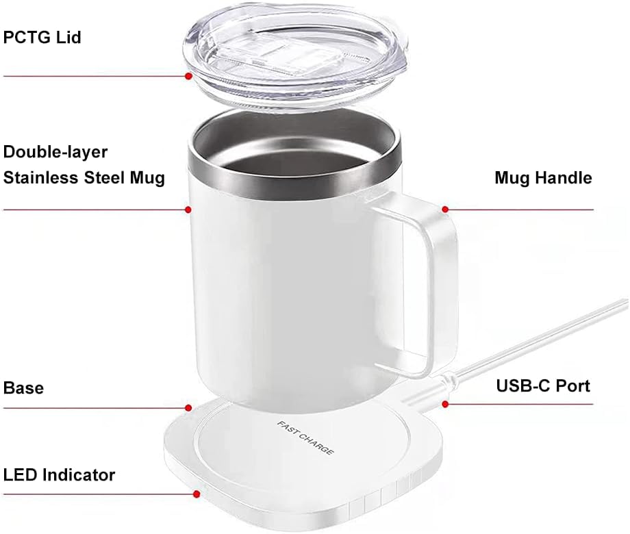 Smart Coffee Mug Warmer & Mug Set with Auto-Off Self-Heating Mug for Coffee Tea Milk Temperature Control Cup Warmer for Desk Home Office Use 304 Stainless Steel 11oz