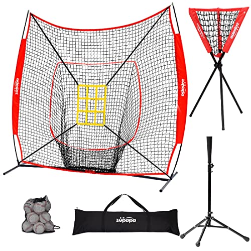 Zupapa Baseball Softball Practice Set - 7 by 7 Feet Net Tee Caddy 12 Baseballs Combo with Strike Zone, Baseball Backstop Practice Net for Batting Hitting Pitching Catching, Team Color (Red)
