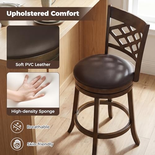 Butacos giratorios Giantex, set de 2 unidades, altura de barra 26 pulgadas, con estructura de madera de caucho, asiento tapizado y reposapiés, estilo mid-century para isla de cocina, café o pub, color marrón miniatura 7