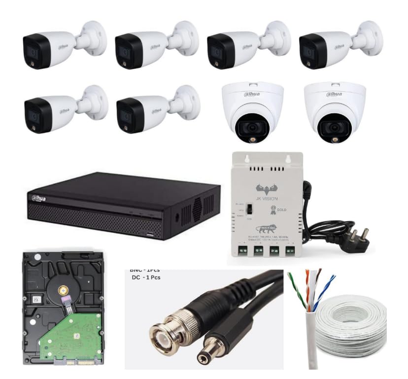 Dahua 2MP with Color HD with Audio CCTV Camera Full Set, 6 Bullet, 2 Dome, 8 Channel DVR, 8 Channel JK Vision Power Supply, 1TB Hard Disk, 90 Meter Cable, BNC/DC Connector