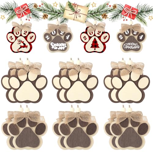 12 Pieces Christmas Dog Ornaments Christmas Tree Dog Paw Ornaments Cute Wooden 2 Layer Paw Print Cutouts 3D Hanging Wood Decoration for DIY Craft(Wood Color, Brown)