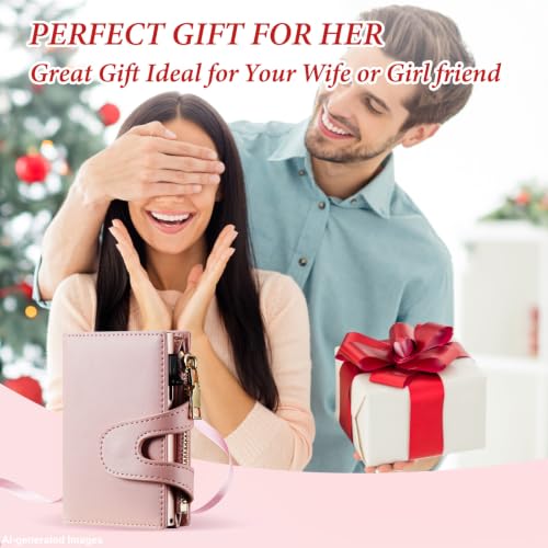 Image of furid Small Card Wallet Women: Rfid Leather Smart Pop Up Wallets, Cherry Pink, minimalist wallet, Bifold | Ladies Mini Card Holder Slim Minimalist with Zipper Coin Pocket ID Window - Gifts for Wife Mother on Anniversary Birthday