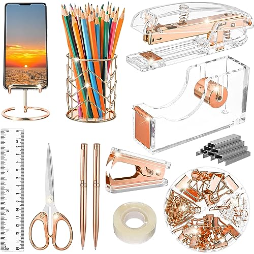 FERXIDI Desk Accessories,Office Supplies Set Acrylic Stapler,Staple Remover,Tape Holder,Pen Holder,Ballpoint Pen,Scissor,Binder Clips,Phone Holder,Ruler,Transparent Glue (11pcs Rose Gold)