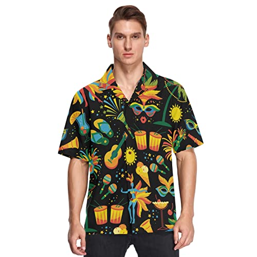 Camisa hawaiana brasileña con patrón de carnaval para hombre, casual, camisa con botones, holgada, para verano, playa, manga corta, para verano, playa, camisas, Carnival, XX-Large