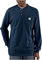 Carhartt Men's Long Sleeve Henley Work Shirt Navy Medium - Durable 100% Cotton Jersey, Relaxed Loose Fit for Work